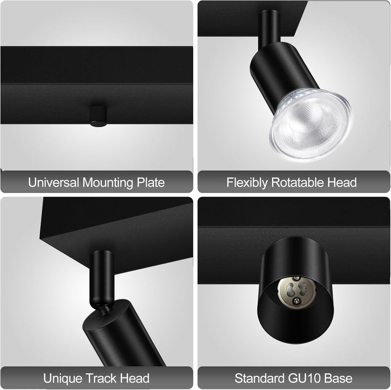 Bricosmocon Plug-in Track Lighting, LED Track Lighting Fixtures Ceiling Kit, 16" Black Plug in Wall Light with 14.8ft Cord, 3-Light Ceiling Spotlight,Rotatable Kitchen Light Head for Bedroom Hallway(GU10,NO Bulb) - Image 5